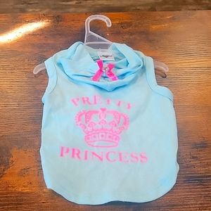 1 light blue with hot pink writing girl dog dres. Pretty Princess. Gently used.